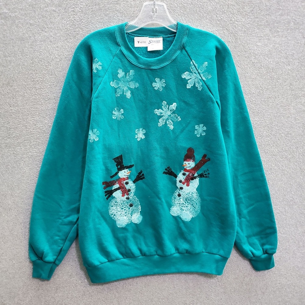 VINTAGE Santee Women Sweater Large Teal Hand Painted Snowman Grannycore‎